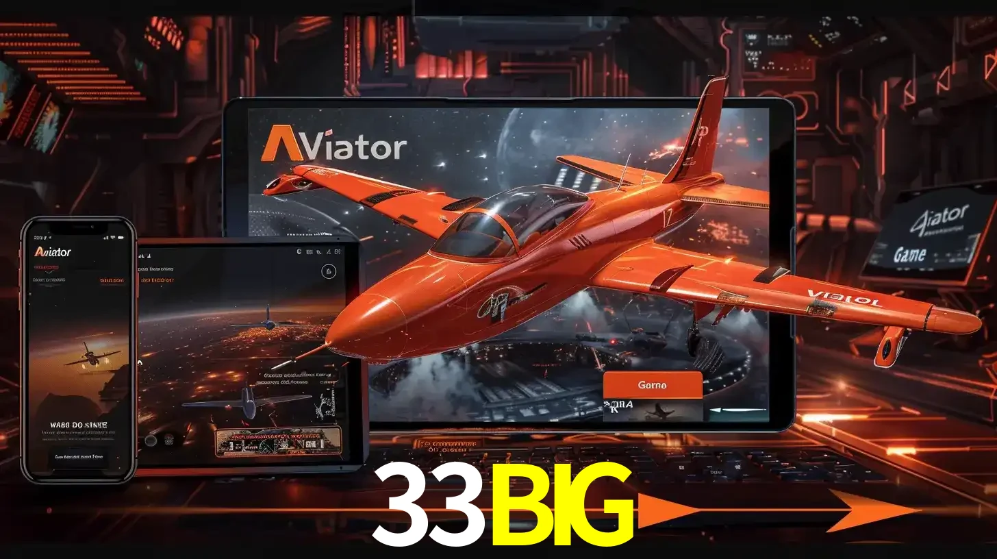 Apresentação tecnológica do jogo Aviator com um avião saindo da tela de um tablet, demonstrando a experiência imersiva em múltiplos dispositivos no 33BIG.