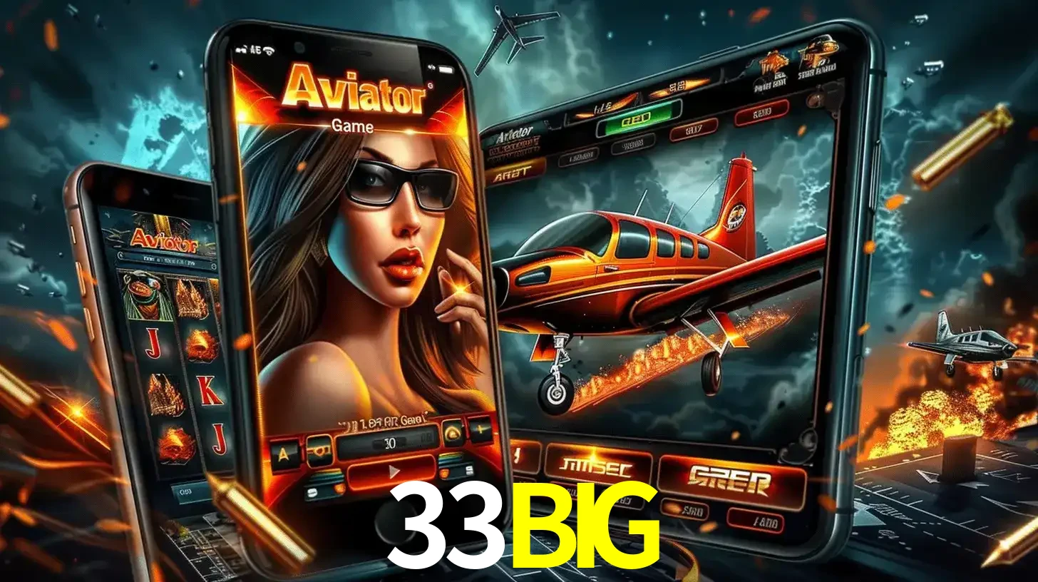 O popular jogo de apostas Aviator exibido em vários celulares e tablets, mostrando a interface emocionante e a ação de voo disponíveis para jogar agora no 33BIG.