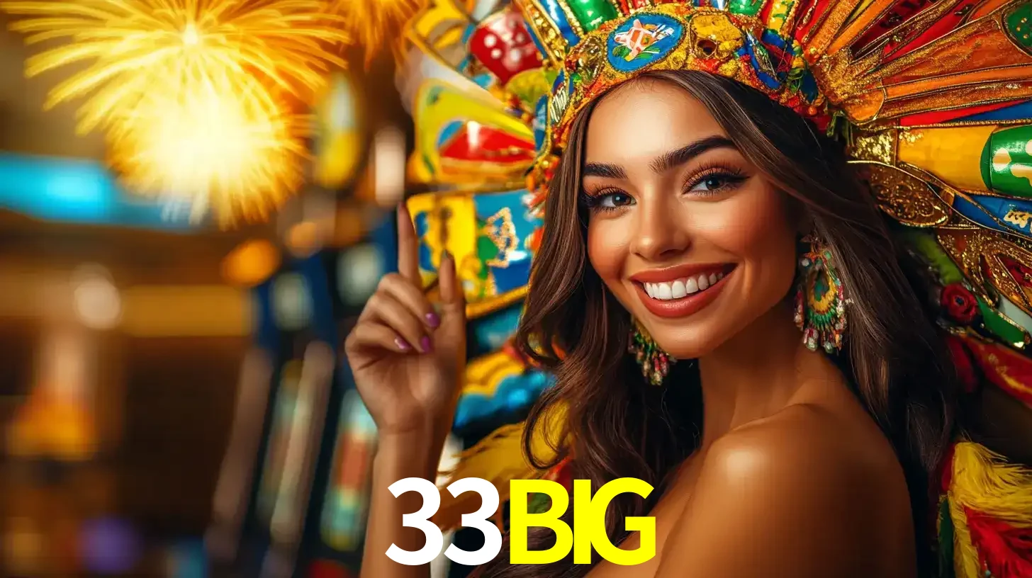 Mulher sorridente com um cocar de carnaval vibrante e colorido, celebrando uma grande vitória nos jogos do cassino 33BIG com fogos de artifício ao fundo.