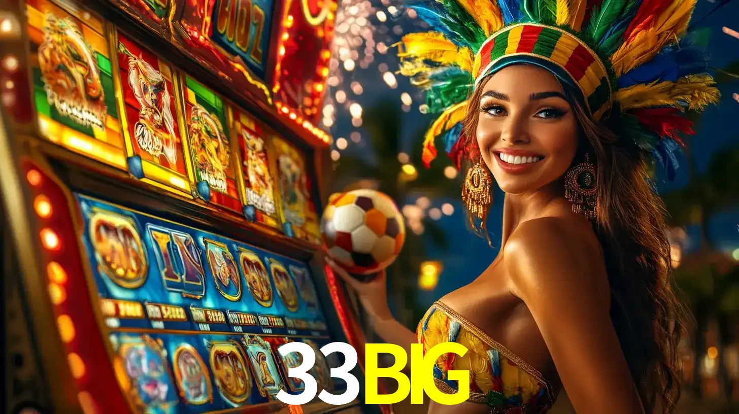 Mulher com um cocar de carnaval ao lado de uma máquina de caça-níqueis enquanto segura uma bola de futebol, mostrando a união da diversão de cassino e esportes no 33BIG.