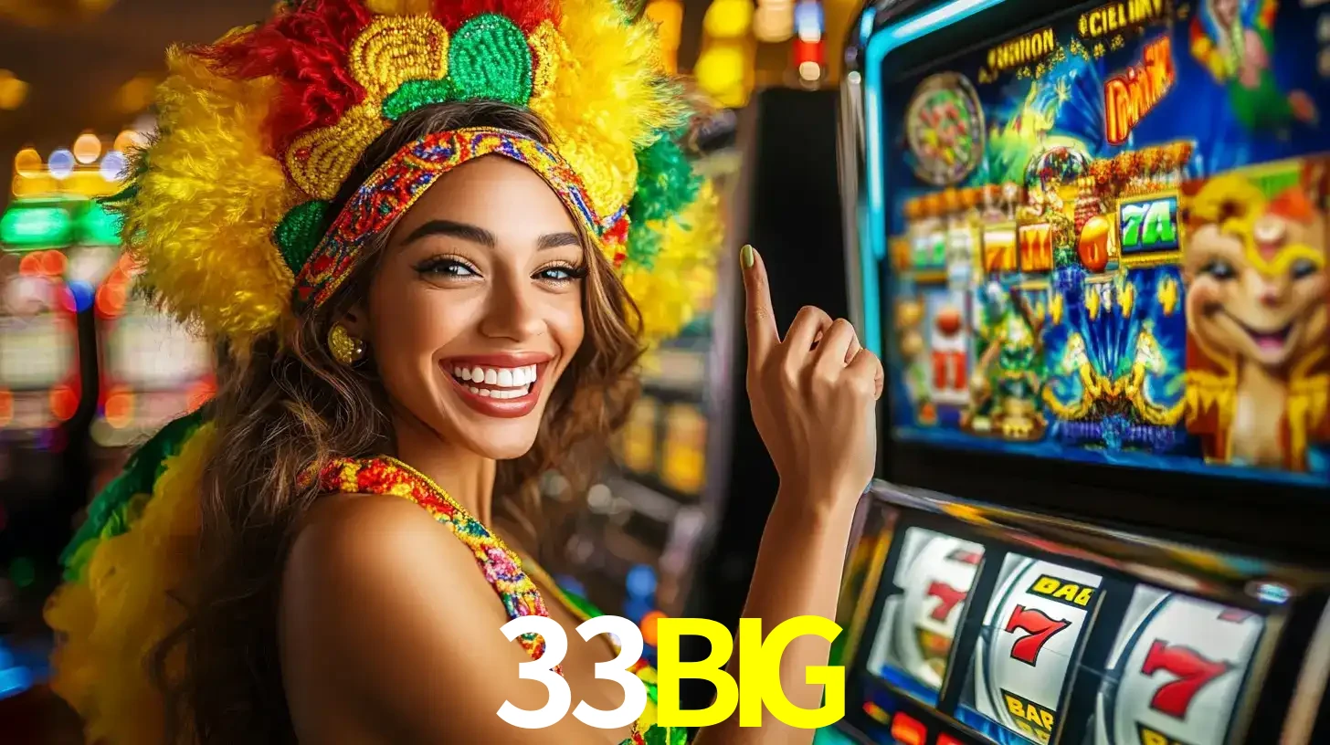 Mulher animada com um cocar de carnaval apontando para uma máquina de caça-níqueis, mostrando a emoção de ganhar um grande prêmio nos jogos do 33BIG.