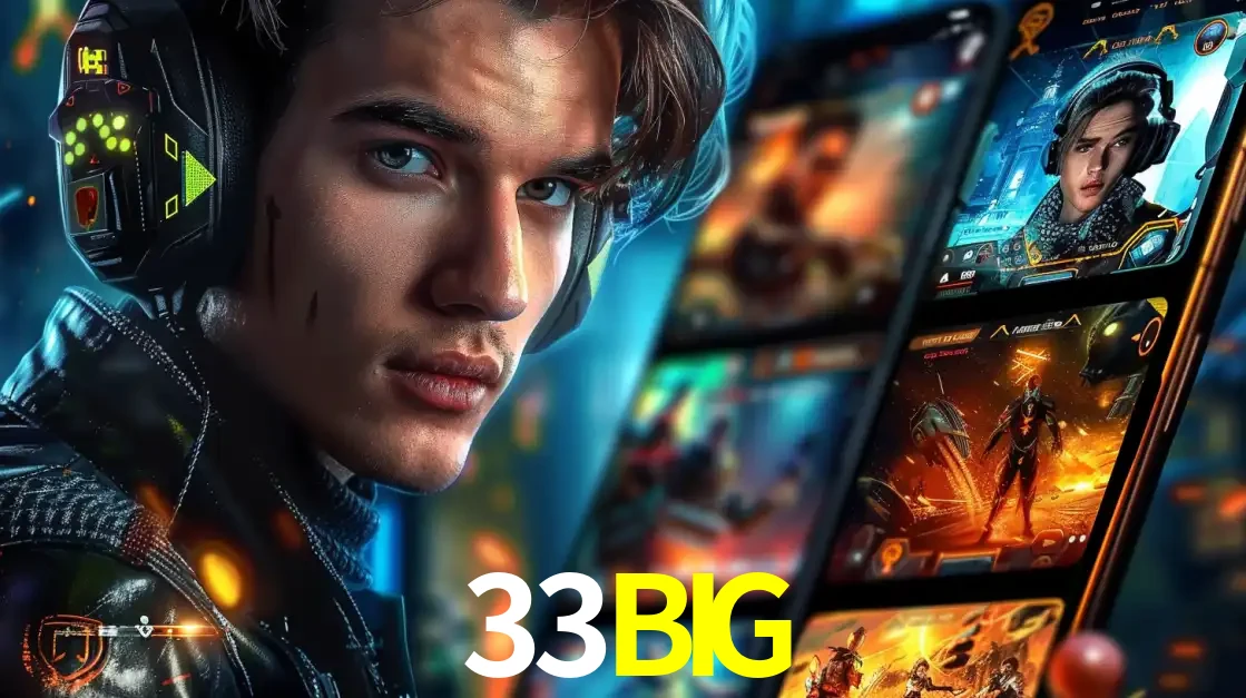 Jovem jogador com fones de ouvido olhando para a câmera, com um aplicativo de jogos e e-sports para celular ao fundo, pronto para a competição e apostas no 33BIG.