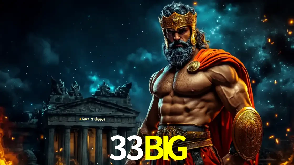 O poderoso Zeus do jogo de slot Gates of Olympus em frente ao seu templo, pronto para lançar multiplicadores divinos e prêmios épicos no cassino online 33BIG.