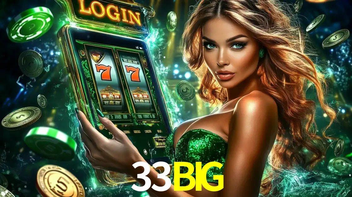 Mulher com tema verde apresentando o aplicativo do cassino 33BIG com um jogo de slot de 777, cercada por fichas de cassino e uma aura de sorte.