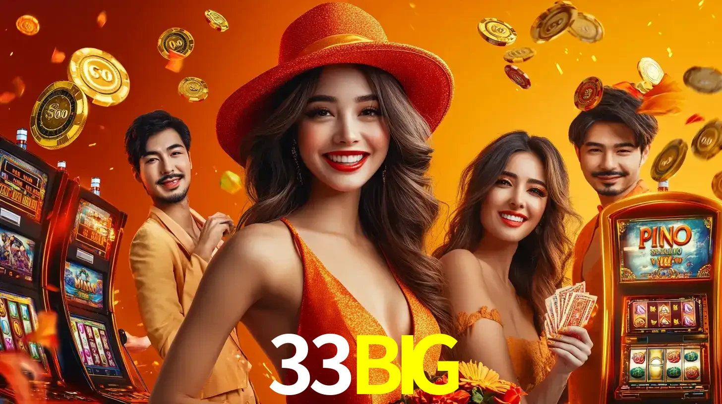 Grupo de amigos asiáticos sorrindo e se divertindo com máquinas de caça-níqueis em um ambiente festivo, celebrando suas vitórias nos jogos de cassino do 33BIG.