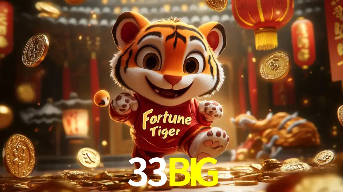 O alegre personagem do Fortune Tiger correndo sobre um caminho de moedas de ouro, simbolizando os grandes prêmios e a diversão do popular jogo de slot do 33BIG.