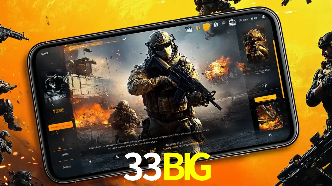Um smartphone exibindo a interface de um jogo de tiro em primeira pessoa, com um soldado em um cenário de batalha, representando a ação dos e-sports para apostar no 33BIG.