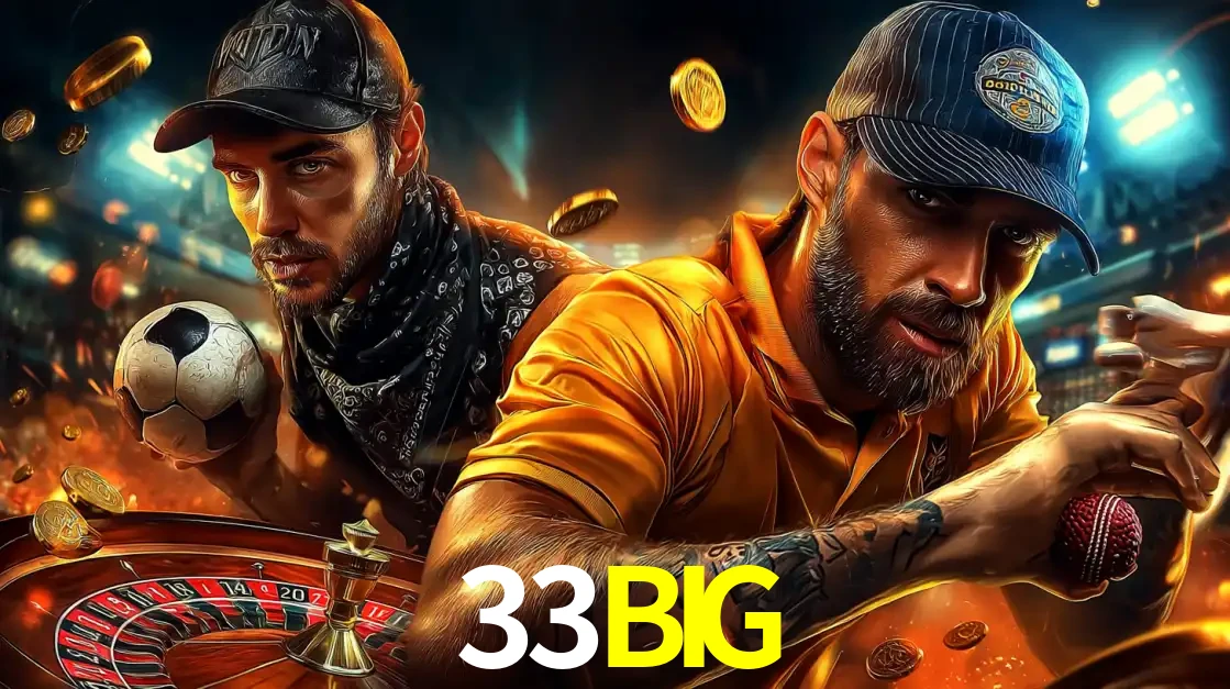 Montagem de apostas esportivas e cassino no 33BIG, com um homem segurando uma bola de futebol e outro uma de beisebol sobre uma roleta e moedas voadoras.