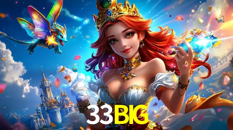 A princesa de um reino de fantasia mágico, com seu pequeno dragão, apresentando um mundo de prêmios encantados nos jogos de caça-níqueis do cassino 33BIG.