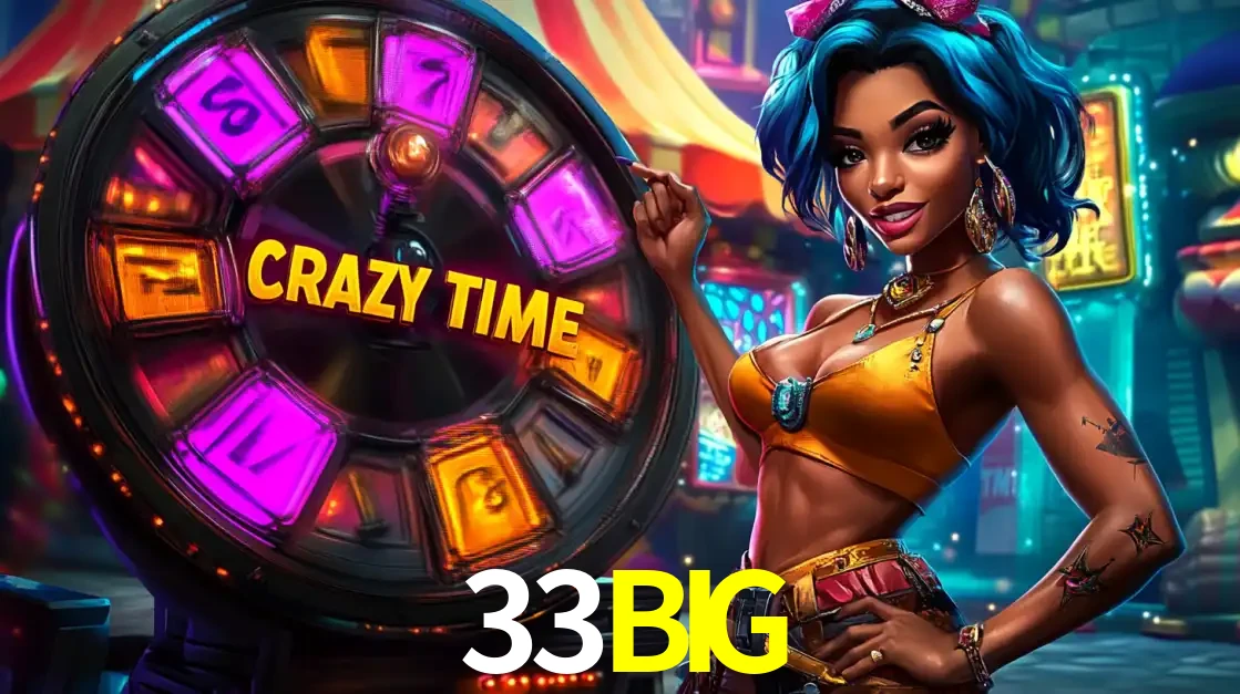 Mulher estilizada com cabelo azul e visual vibrante posando ao lado da roda de prêmios do game show Crazy Time, convidando para a diversão e os bônus do cassino 33BIG.