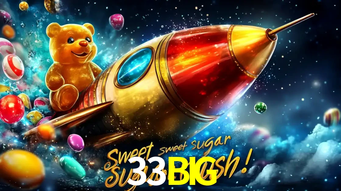 Arte promocional do jogo de slot Sugar Rush, com um urso de pelúcia em um foguete viajando pelo espaço de doces, um dos jogos divertidos disponíveis no cassino 33BIG.