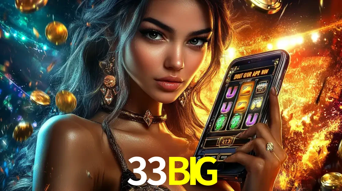 Mulher elegante mostrando um jogo de caça-níqueis em seu smartphone, destacando a experiência de cassino móvel oferecida pelo aplicativo 33BIG.