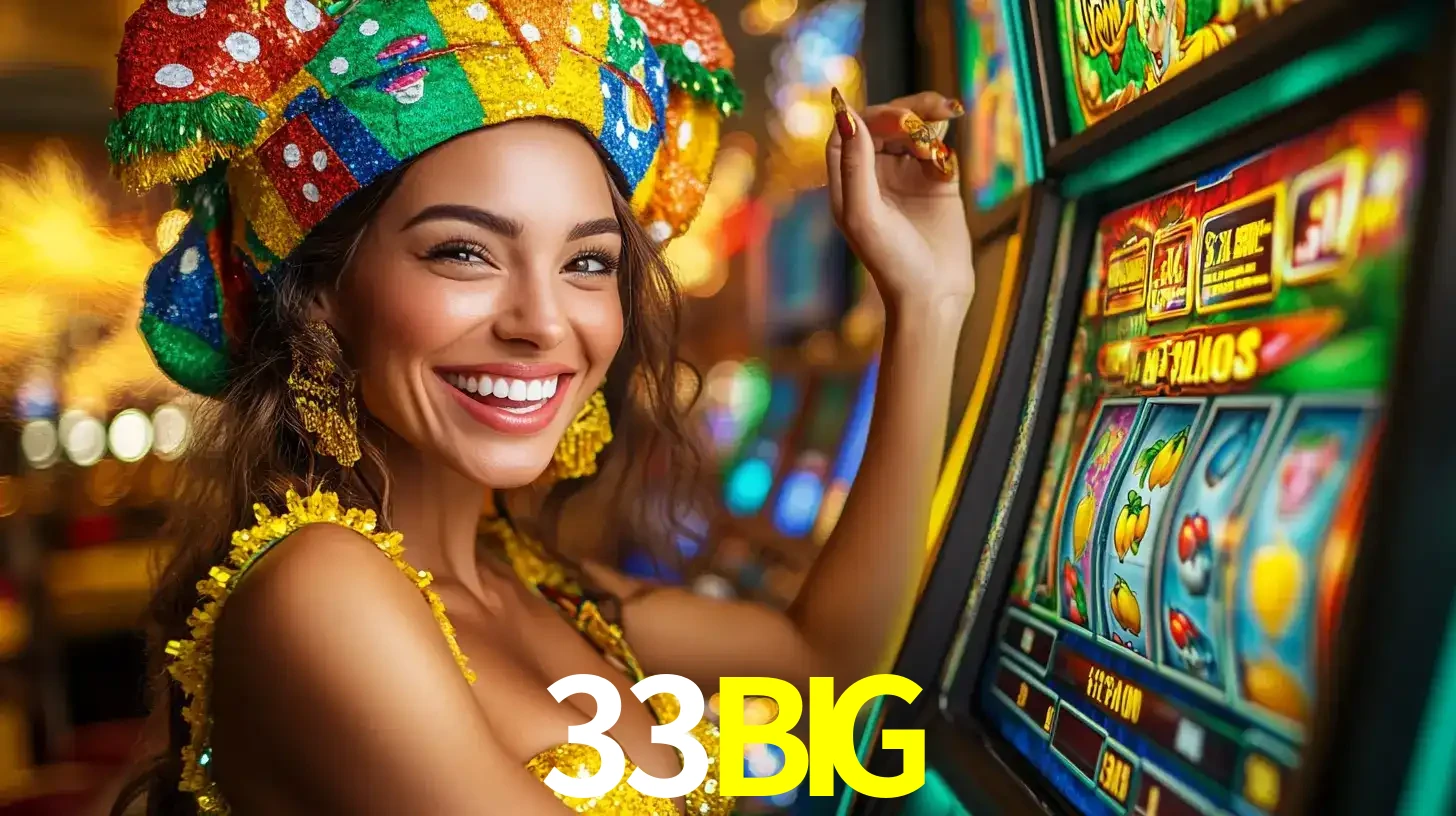 Mulher feliz com traje de carnaval amarelo e colorido ao lado de uma máquina de caça-níqueis, aproveitando a diversão e os jogos temáticos do cassino 33BIG.