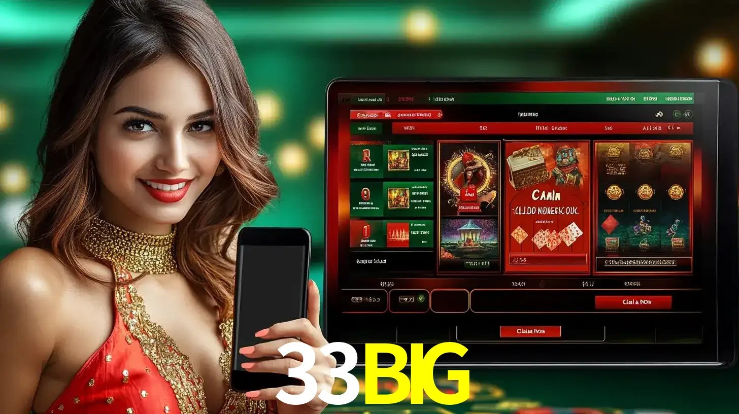Mulher sorridente segurando um smartphone, ao lado de uma tela exibindo o lobby de jogos do cassino online 33BIG, com várias opções de jogos de cartas e slots.